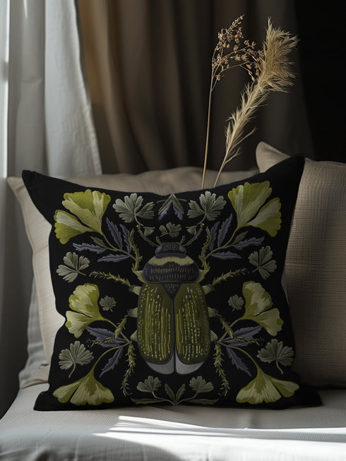 Verdant Botanical Beetle Pillow Cover